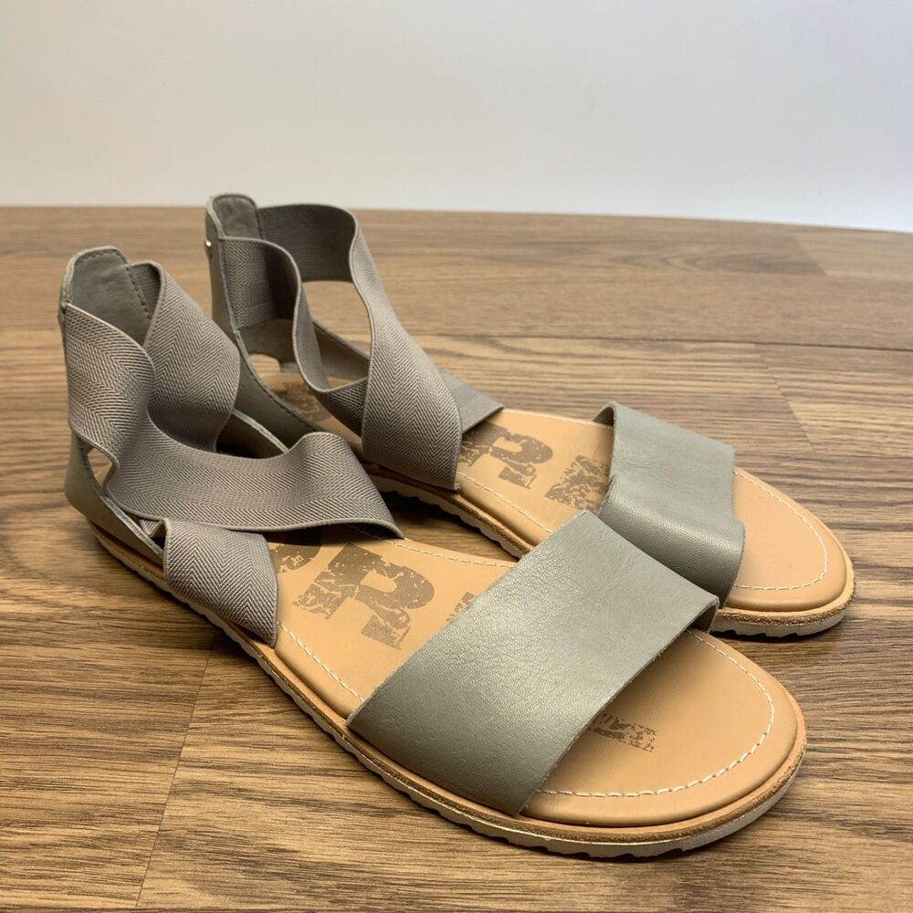 SOREL Womens‎ Sandal Ella Strappy Gray Stretch Flat Leather EUC Sz 8 Slide On
